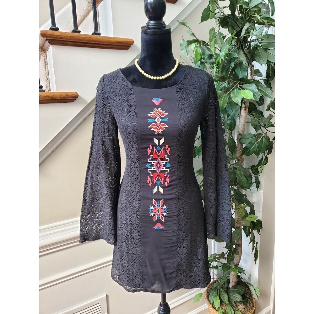 Flying Tomato Black Long Sleeve Tunic Dress with Red & Blue Embroidery